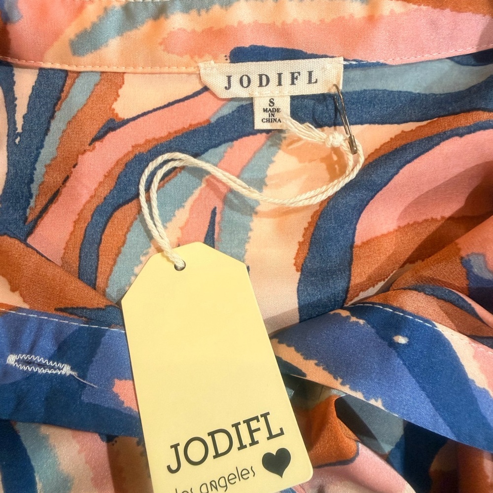 JODIFL Abstract Swirl Button-Down Blouse in Blue, Peach & Cream - Picture 2 of 2